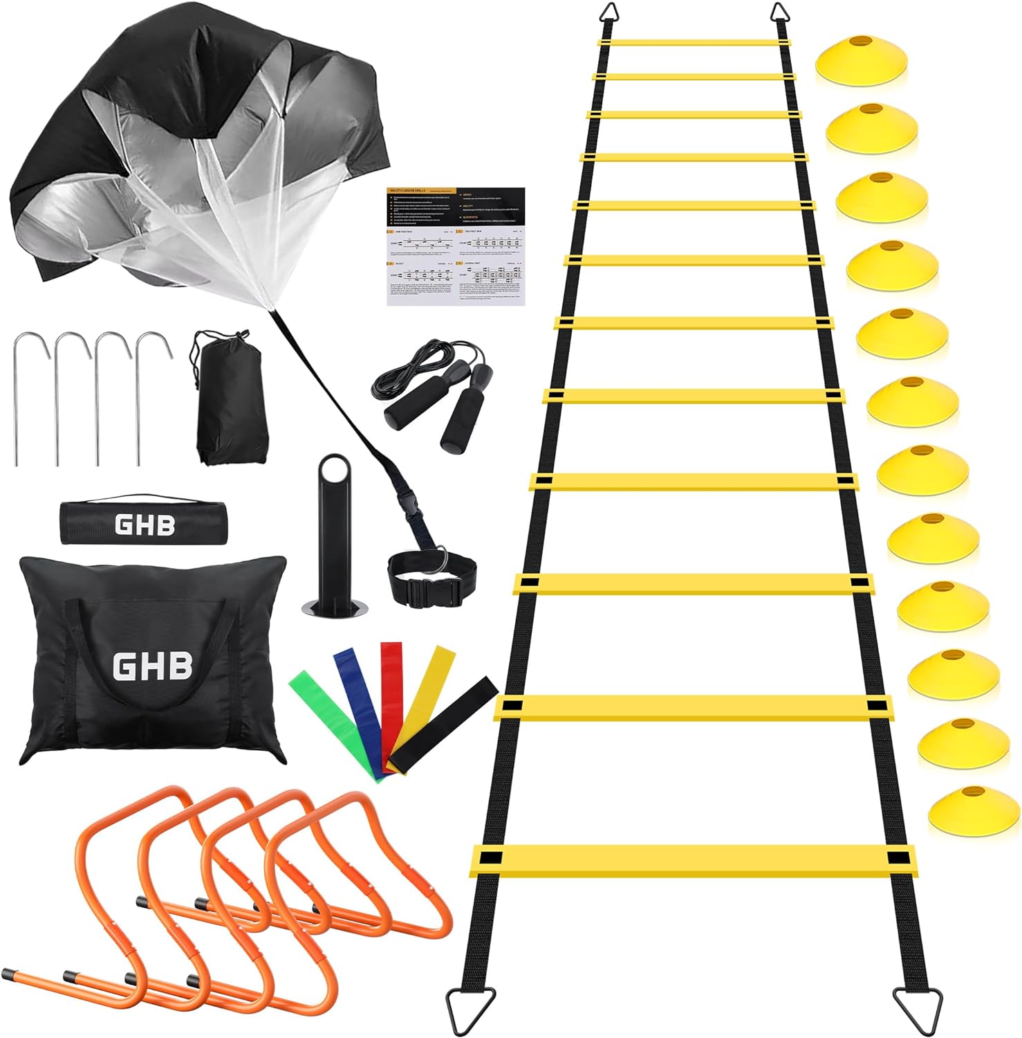 GHB Agility Ladder,Football Training Equipment Set,4 Agility Hurdles, 20 feet12 Rungs Speed Ladder,12 Disc Cones,Resistance Parachute, Jump Rope, 5 Resistance Bands - Image 10