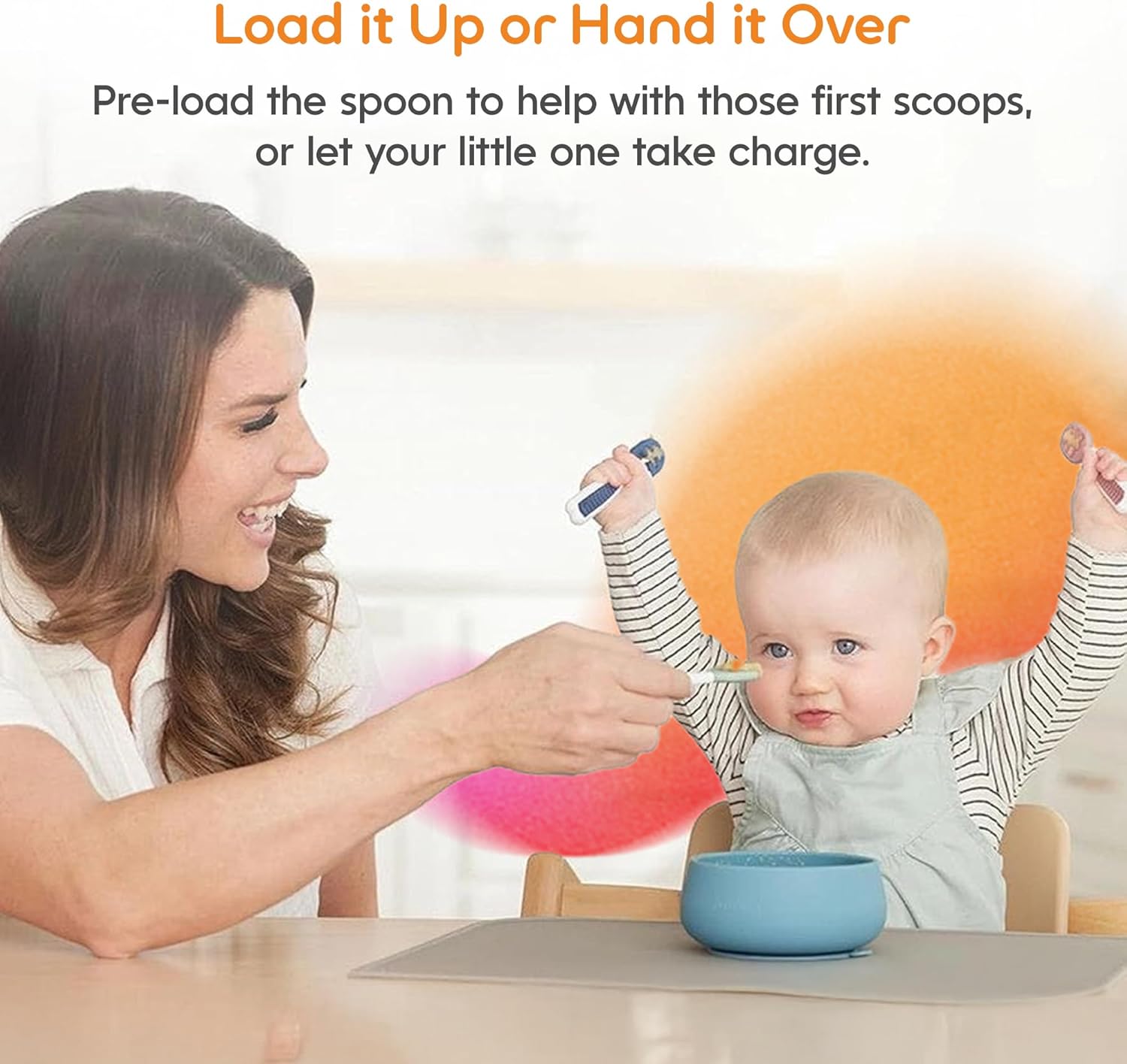 NumNum Baby Spoons Set, Baby Essentials Pre-Spoon GOOtensils for 6+ Months, First Stage Self-Feeding Spoons for Baby Led Weaning (BLW), Silicone Toddler Utensils, BPA-Free, 2 Pack Blue/Orange - Image 4