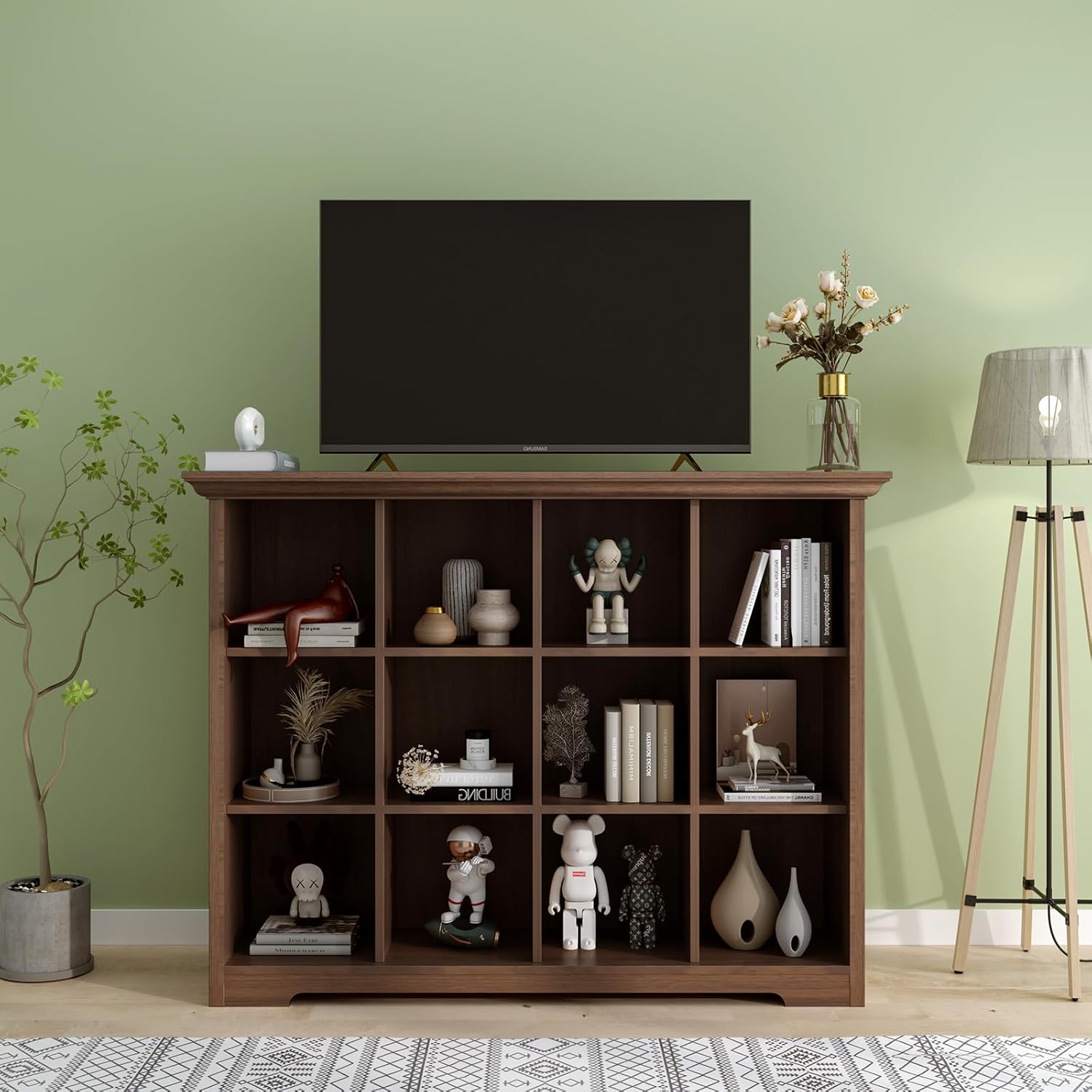 OSCHF Cube Shelf Bookcase with Base - Wooden 3 Tiers Floor Standing Low Storage Cabinet for Home and Office, 12-Cube Lattice Bookshelf, Walnut - Image 6