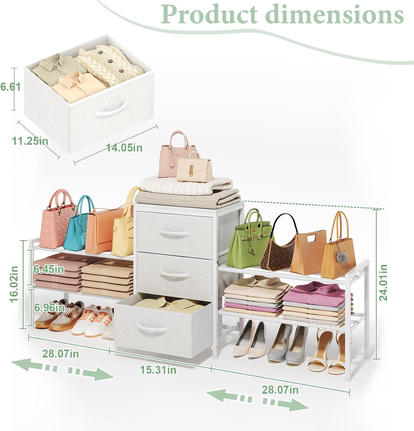 Cidaziya Expandable Closet Organizers and Storage,Wide Long 3 Drawer Dresser,White Fabric Storage Dresser, Clothes Shelves for Kids, Purse Organizer Small Shoe Rack for Closet Bedroom(47.24~71.47in) - Image 2