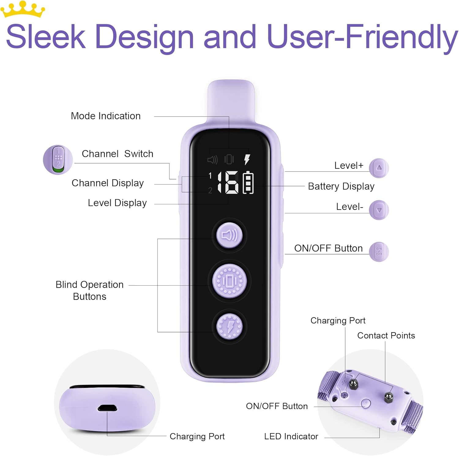 Bousnic Dog Shock Collar for 2 Dogs - (8-120lbs) Waterproof Rechargeable Electric Dog Training Collar with Remote for Small Medium Large Dogs with Beep Vibration Safe Shock Modes(Purple) - Image 6