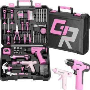 GRENPRO Pink Tool Set Drill Set, 188PCS Tool Kit For Home with Pink Cordless Drill Power, Hand Tool Kit for Women, Basic Household Auto Car Repair Tool Box for Men, Portable Storage Box Tools Sets