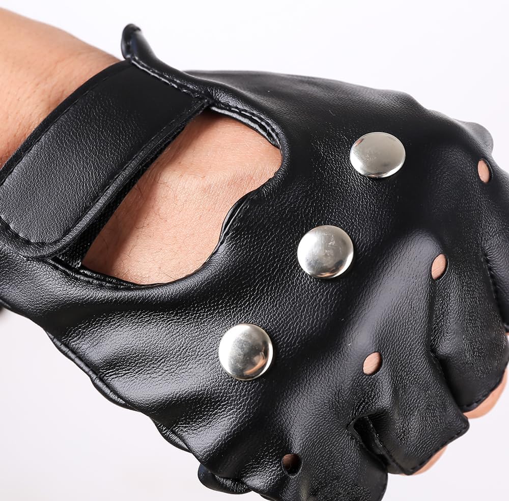 JISEN Men PU leather Punk Gloves Steampunk Gothic Half Finger Hook-Loop Mittens - Image 5