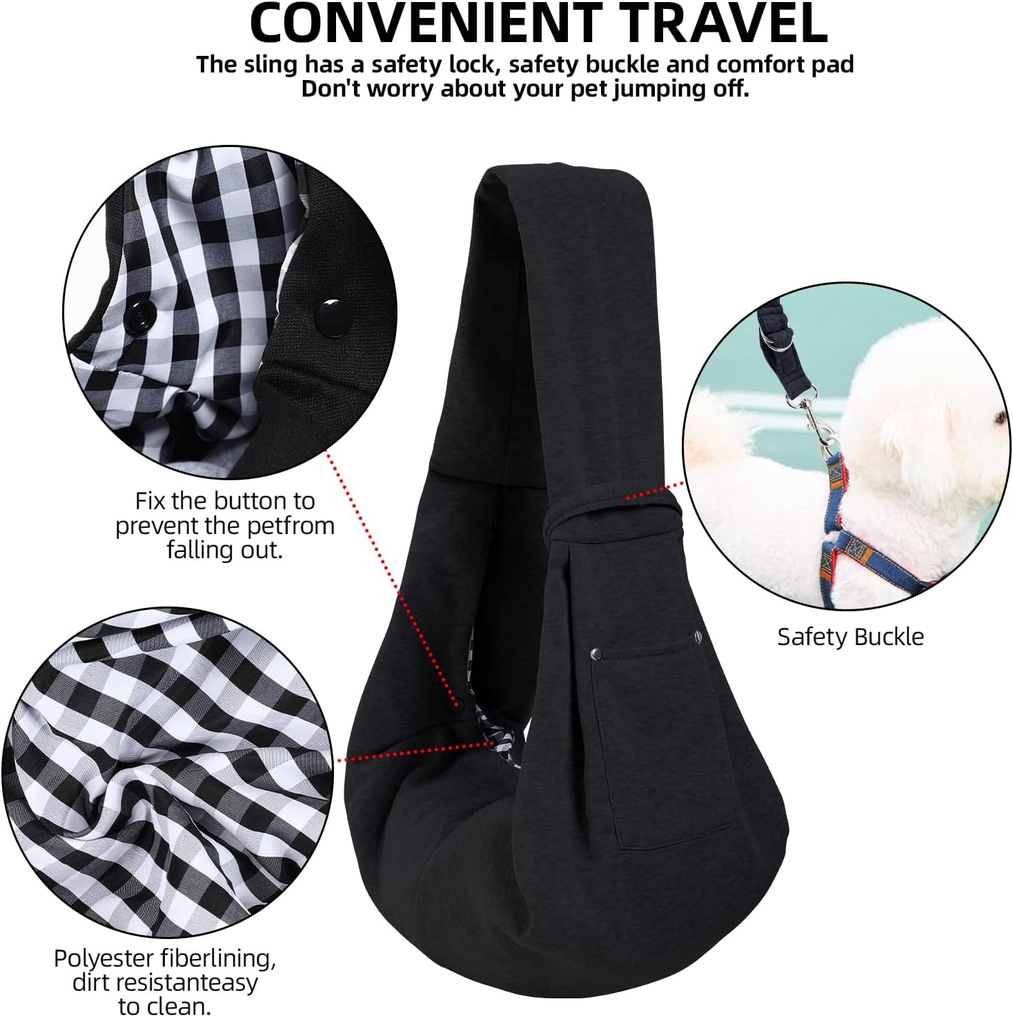 Dog Carrier Sling - Reversible Puppy Carrier Purse with Storage Pocket, Hand-Free Dog Sling Carrier for Carry Small Dogs and Cats, Travel Safety Harness, Dog and Cat Harness(Black) - Image 4