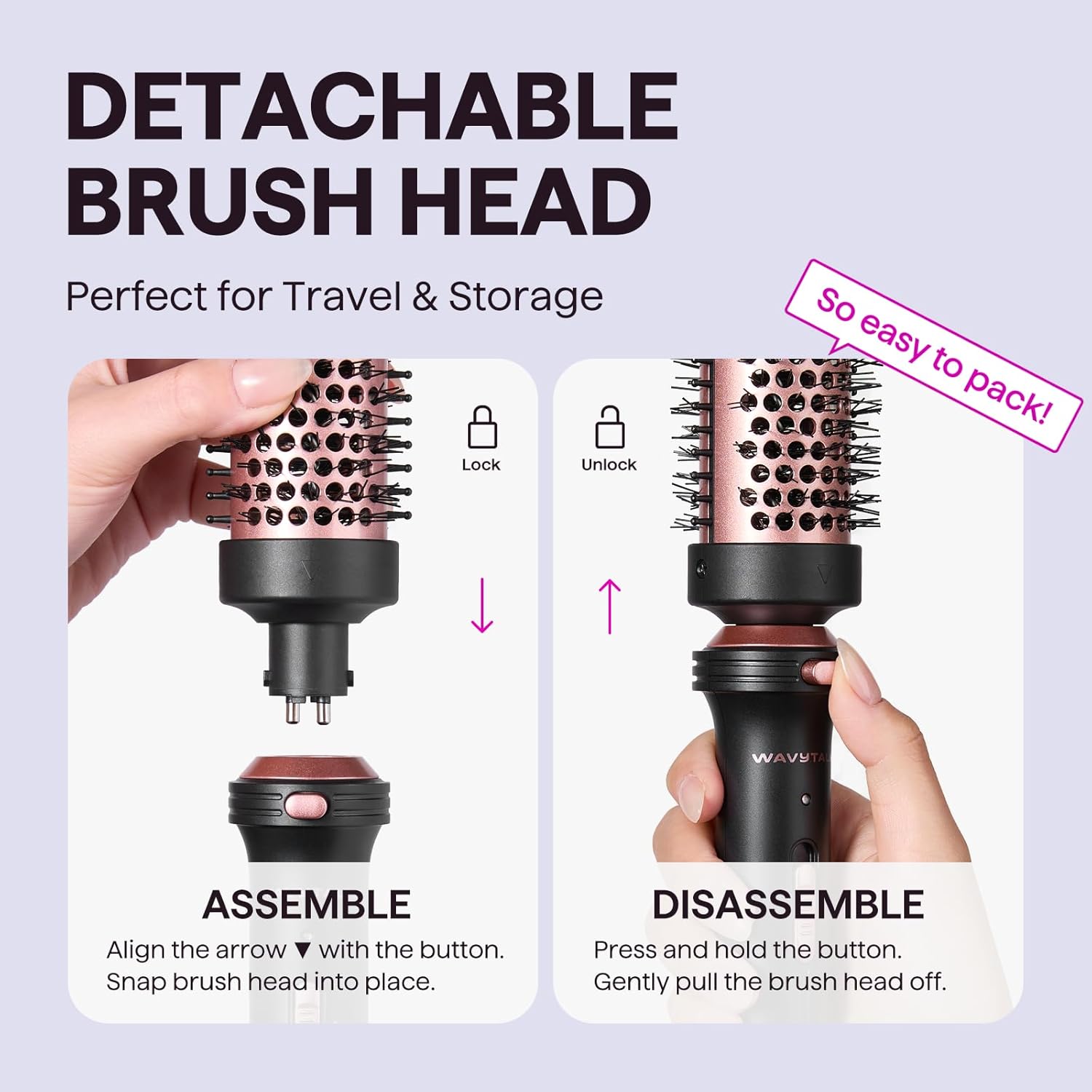 Wavytalk Thermal Brush, 1 1/2 inch Heated Round Brush with Detachable Head, Velvet Pouch and Dual Voltage for Travel, Easy to Create Blowout Look, Rose Gold - Image 4