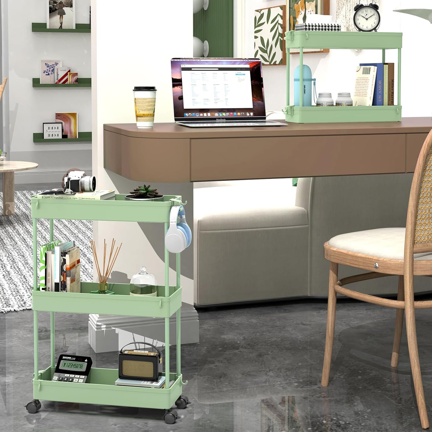 SPACEKEEPER Slim Rolling Storage Cart, 3 Tier Bathroom Organizer Utility Cart Laundry Room Organization Mobile Shelving Unit for Kitchen, Bathroom, Office, Bedroom, Narrow Places, Green - Image 2