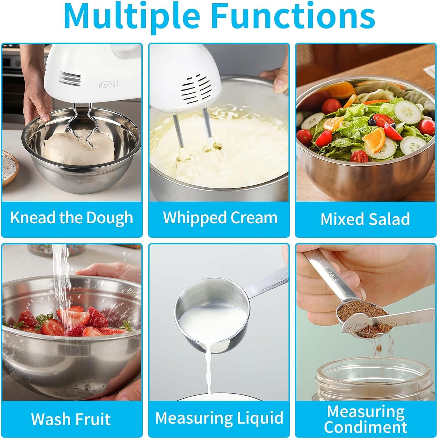 WEPSEN Hand Mixer Electric Mixing Bowls Set, 5 Speeds Handheld Mixer with 4 Nesting Stainless Steel Mixing Bowl, Measuring Cups Spoons 200W Kitchen Blender Whisk Beater Baking Supplies For Beginner - Image 7