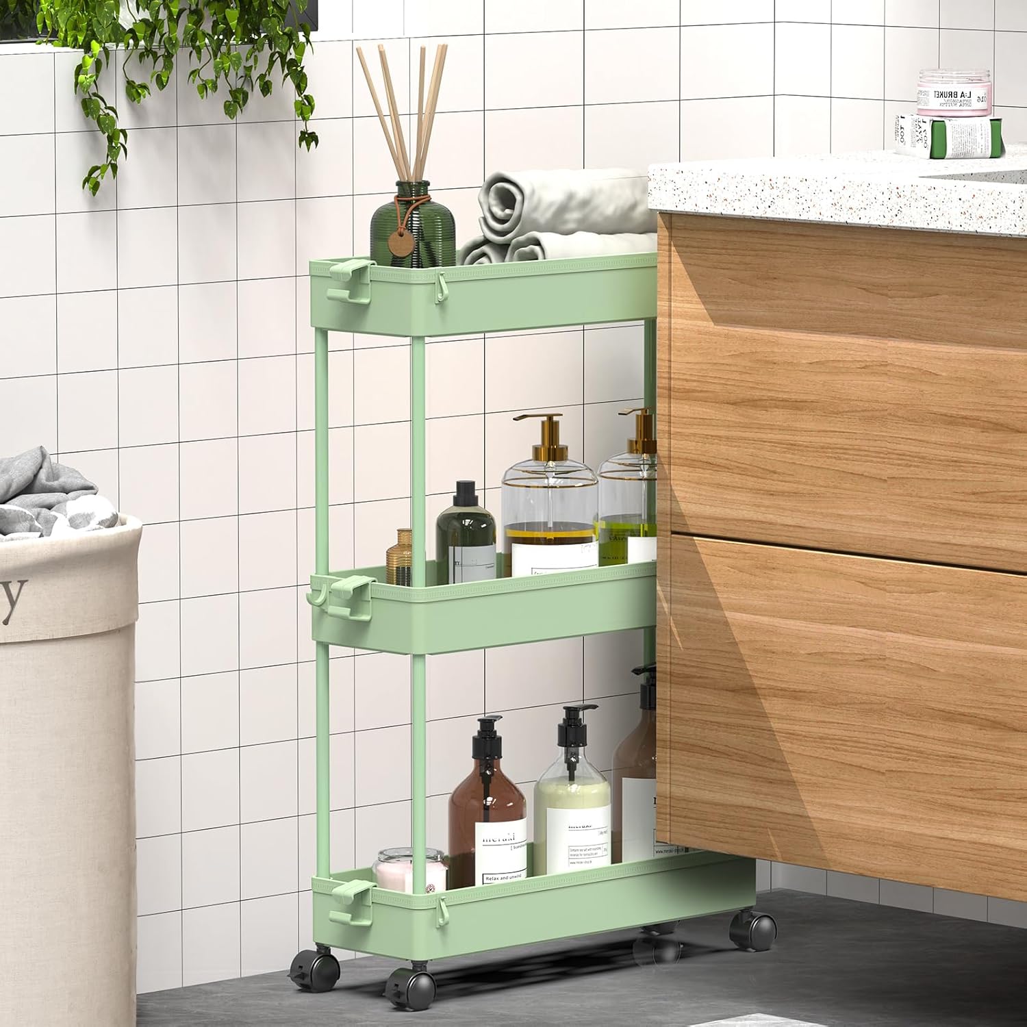 SPACEKEEPER Slim Rolling Storage Cart, 3 Tier Bathroom Organizer Utility Cart Laundry Room Organization Mobile Shelving Unit for Kitchen, Bathroom, Office, Bedroom, Narrow Places, Green - Image 5