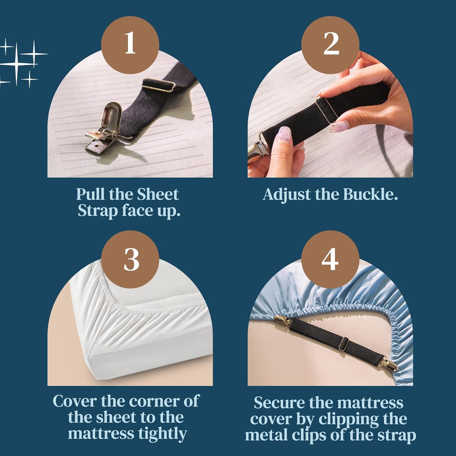FeelAtHome 4 PCS Bed Sheet Clips Keep Bedsheets in Place - Corner Bands Suspenders for Fitted Sheets - Mattress Sheet Holder Straps - Fits Twin Queen King Garter Fasteners Clamps - Fitted Sheet Clip - Image 3