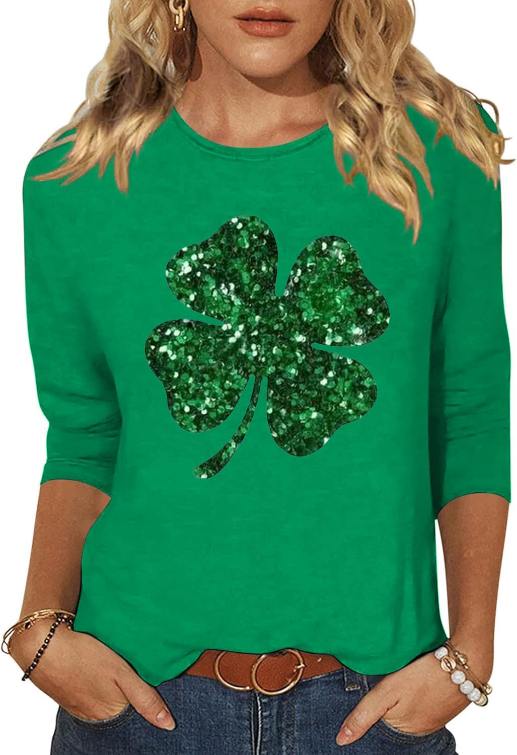 Woffccrd Womens Christmas 3/4 Sleeve Crew Neck T-Shirts Merry and Bright Leopard Christmas Tree Graphic Tee Tops