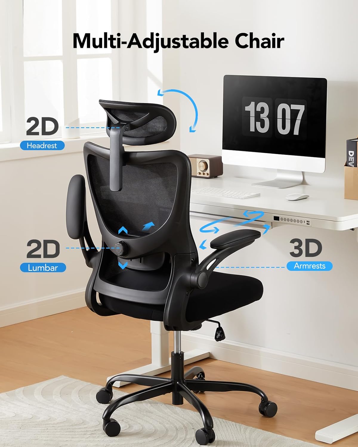 HUANUO Ergonomic Office Chair, High Back Computer Desk Chair with Adjustable Lumbar Support and Headrest, Comfy Gaming Chair with 3D Armrests, Home Office Rolling Chair, Max Load 300 lbs - Image 3