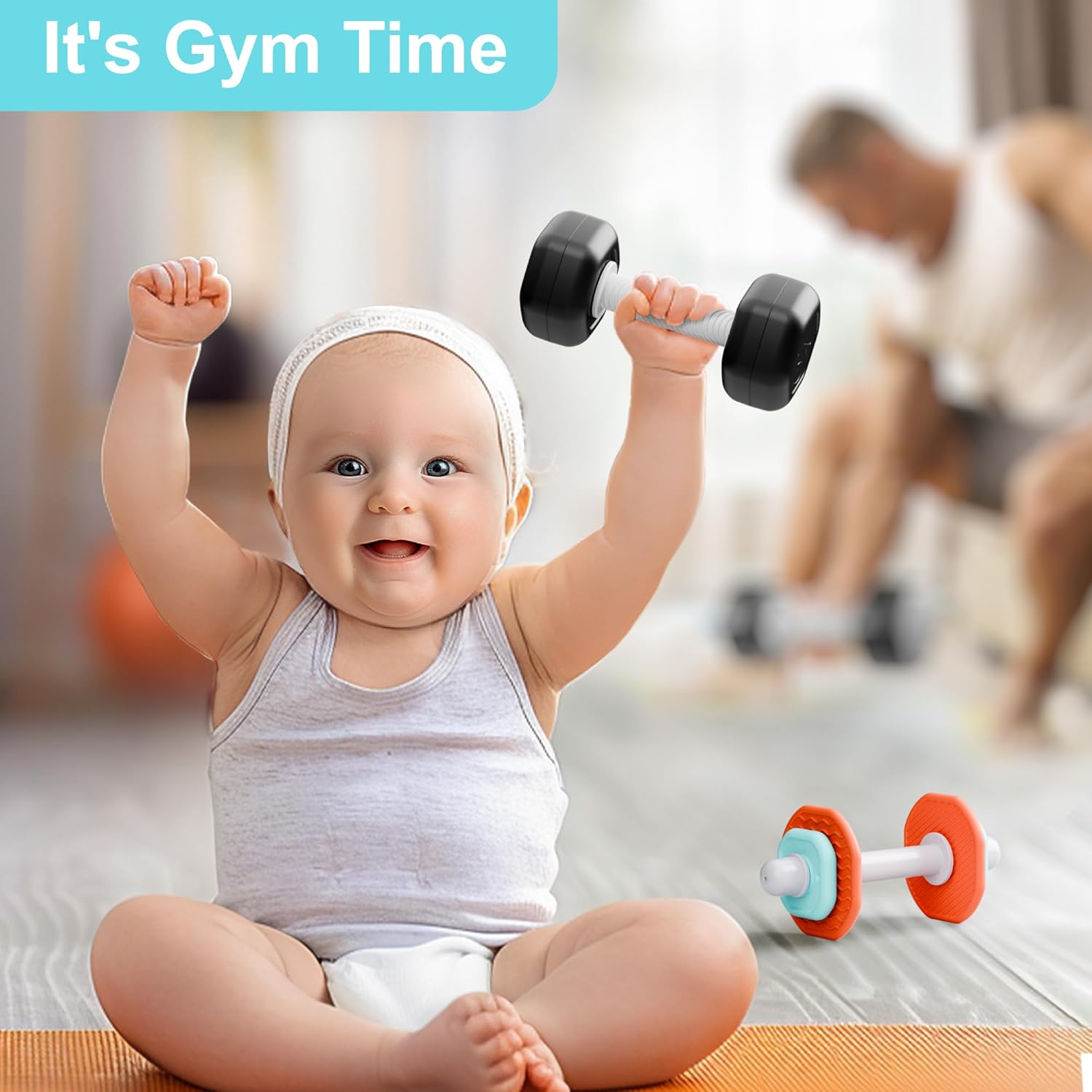 iPlay, iLearn Baby First Gym Rattle Set, Infant Dumbbell Weights Teething Rattles 3-6-12 Month, Newborn Workout Sensory Stroller Toy, Babies Birthday Shower Gift 5 7 8 9 10 Month Toddler Boy Girl-4PCS - Image 7