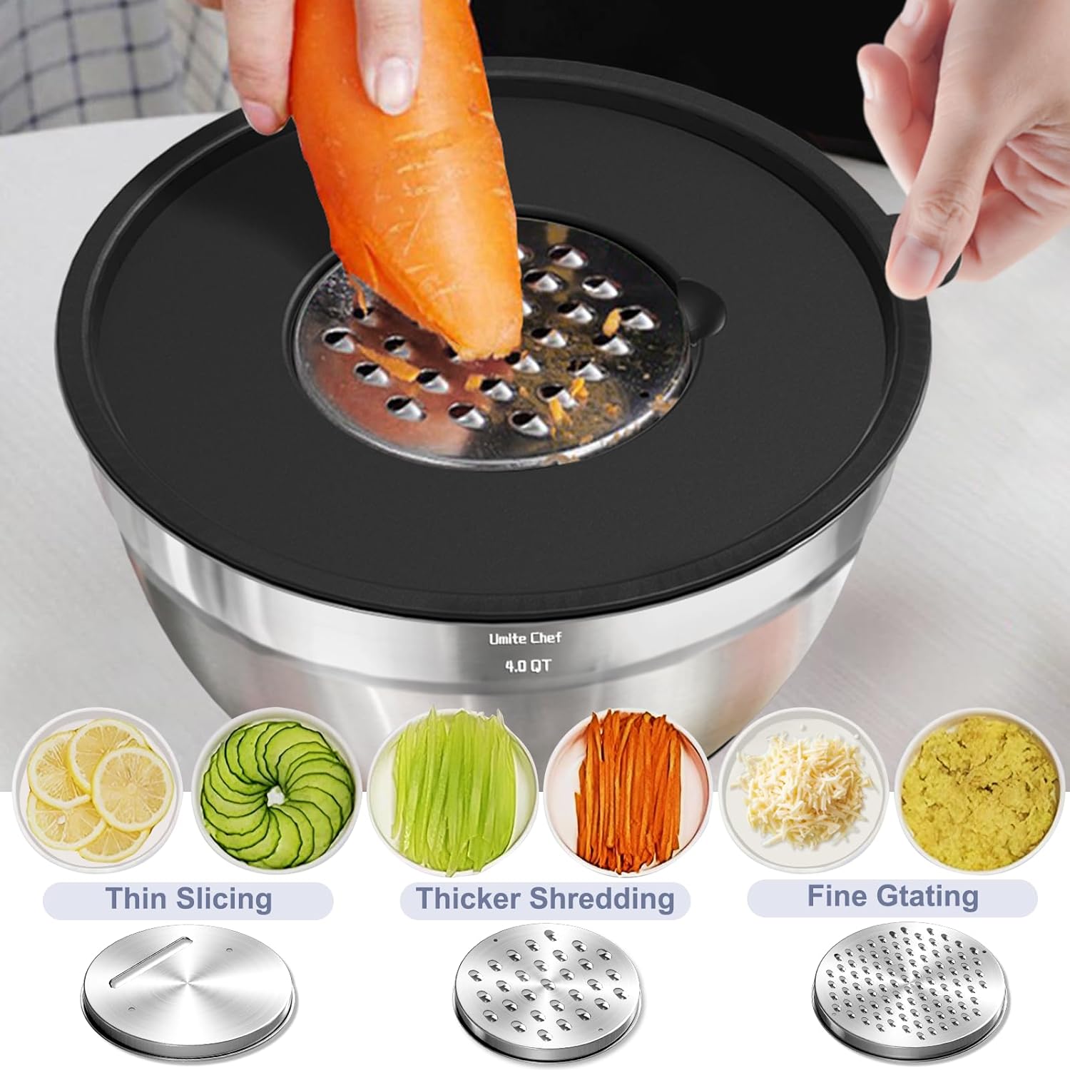 Umite Chef Mixing Bowls with Airtight Lids, 8PCS Stainless Steel Nesting Mixing Bowls Set, 3 Grater Attachments & Non-Slip Bottoms, Black Kitchen Bowls, Size 5, 4, 3.5, 2, 1.5QT for Baking & Serving - Image 8