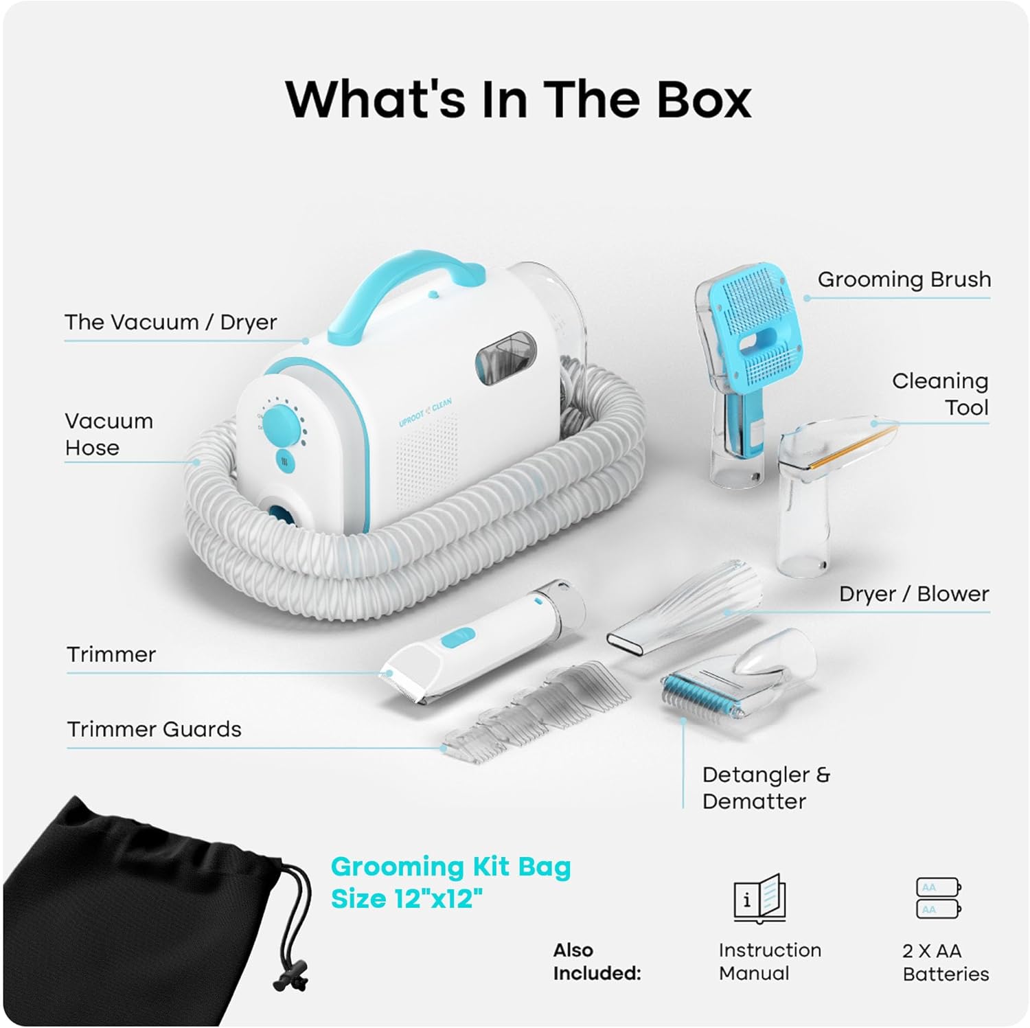 Uproot Clean Pet Groomer Vacuum Kit 7 in 1 - Cat & Dog Grooming Kit with Brush, Detangle, Deshed, Trim, Clean, & Dry Attachments - Complete Cat & Dog Grooming Vacuum for Shedding Pets - Image 7
