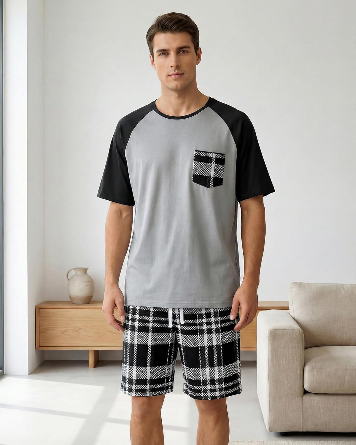 Mens Pajamas Set Soft Short Sleeve Pjs Plaid Pajamas 2 Piece Sleepwear Mens Loungewear Sets Summer with Pockets - Image 2