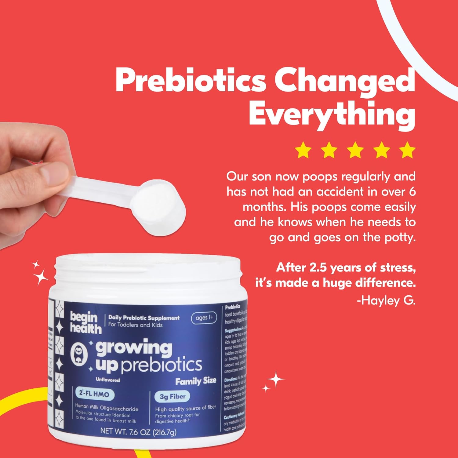 Begin Health Growing Up Prebiotics for Kids | Daily Prebiotic Fiber Supplement with 2'-FL HMO | Supports Regularity & Gut Health | Unflavored Powder | Ages 1+ | 56 Servings - Image 7