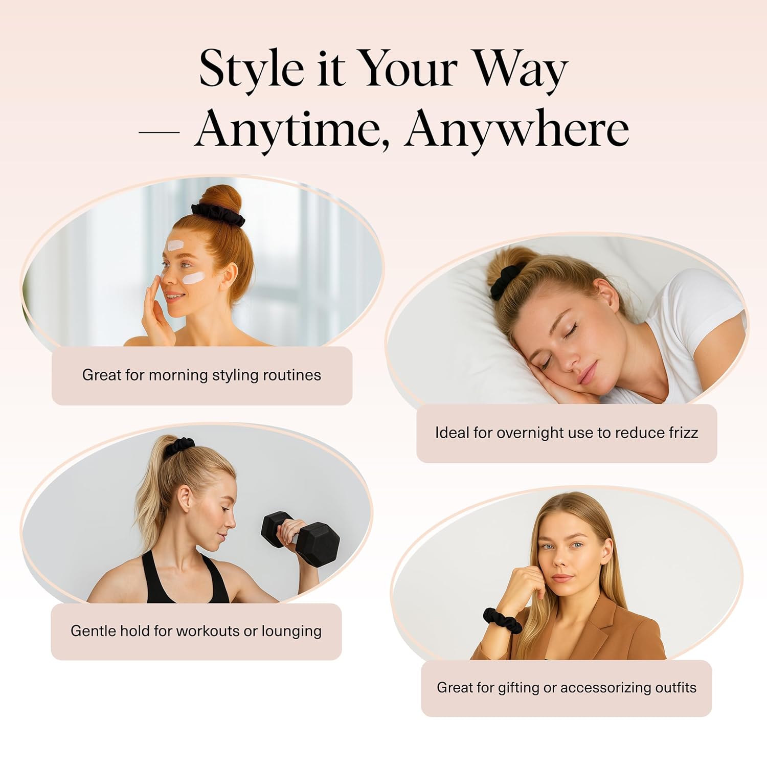 Kitsch Satin Scrunchies for Women - No Crease, Frizz Control | Softer Than Silk Scrunchies Gentle On Hair Scrunchies for All Hair Types | Stylish Hair Accessories College Essentials - Black, 5pcs - Image 5