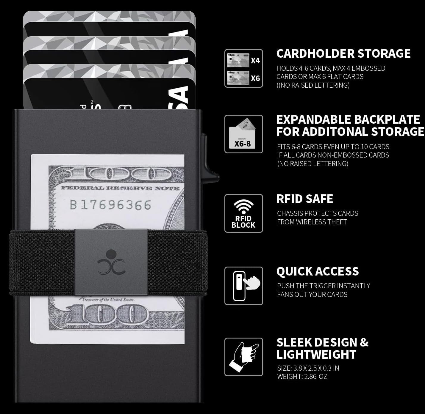 SEMORID Slim Aluminum Card Holder Wallet for Men, Durable Expandable Backplate, RFID Blocking Minimalist Metal Pop Up Wallet, Holds 12+ Cards Plus Cash (Black) - Image 7