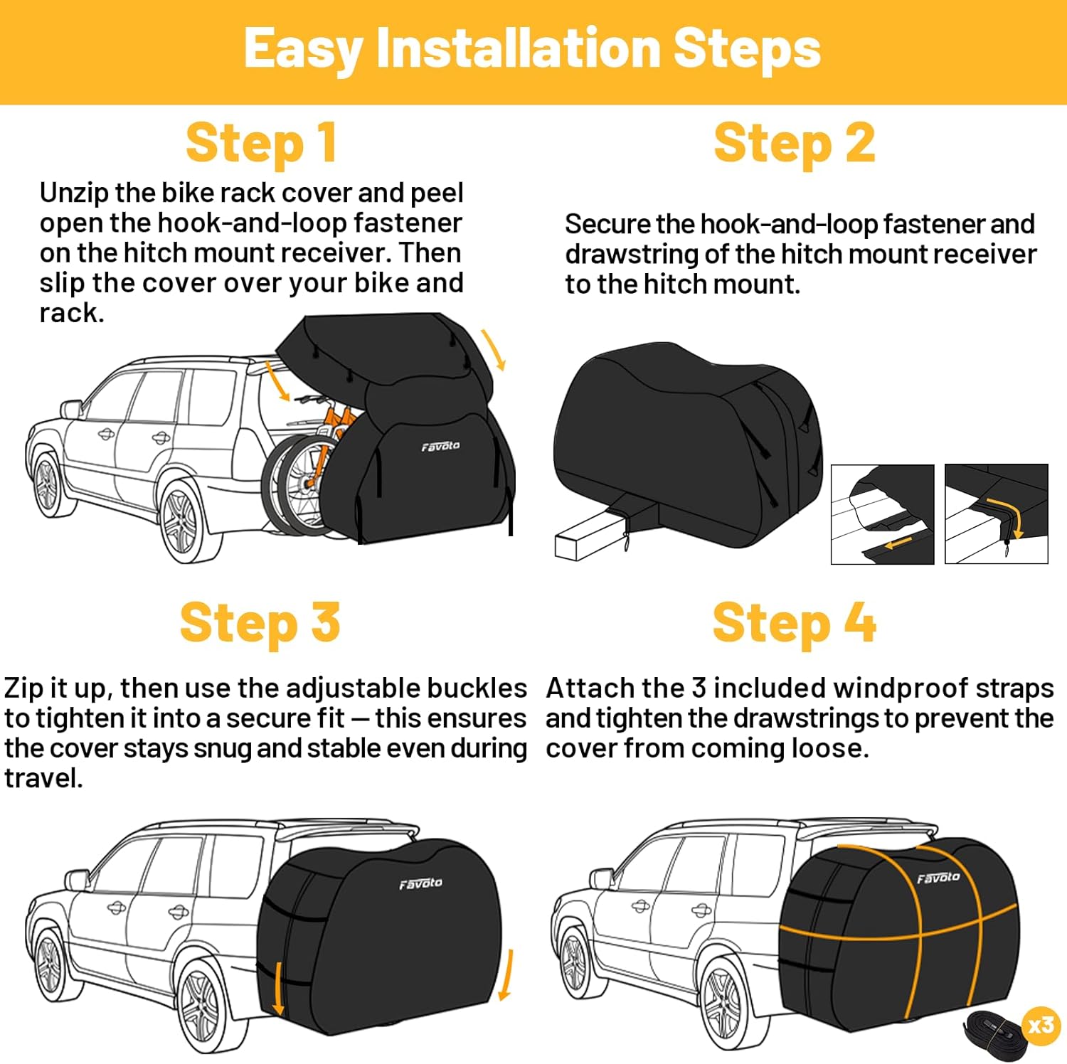 Favoto Bike Cover for Transport 2 Bikes - Waterproof Outdoor Bicycle Cover on Rear Bike Rack, 600D Thicken Oxford Heavy Duty Bike Rack Covers for 2 Bikes on Hitch Travel Storage - Image 5