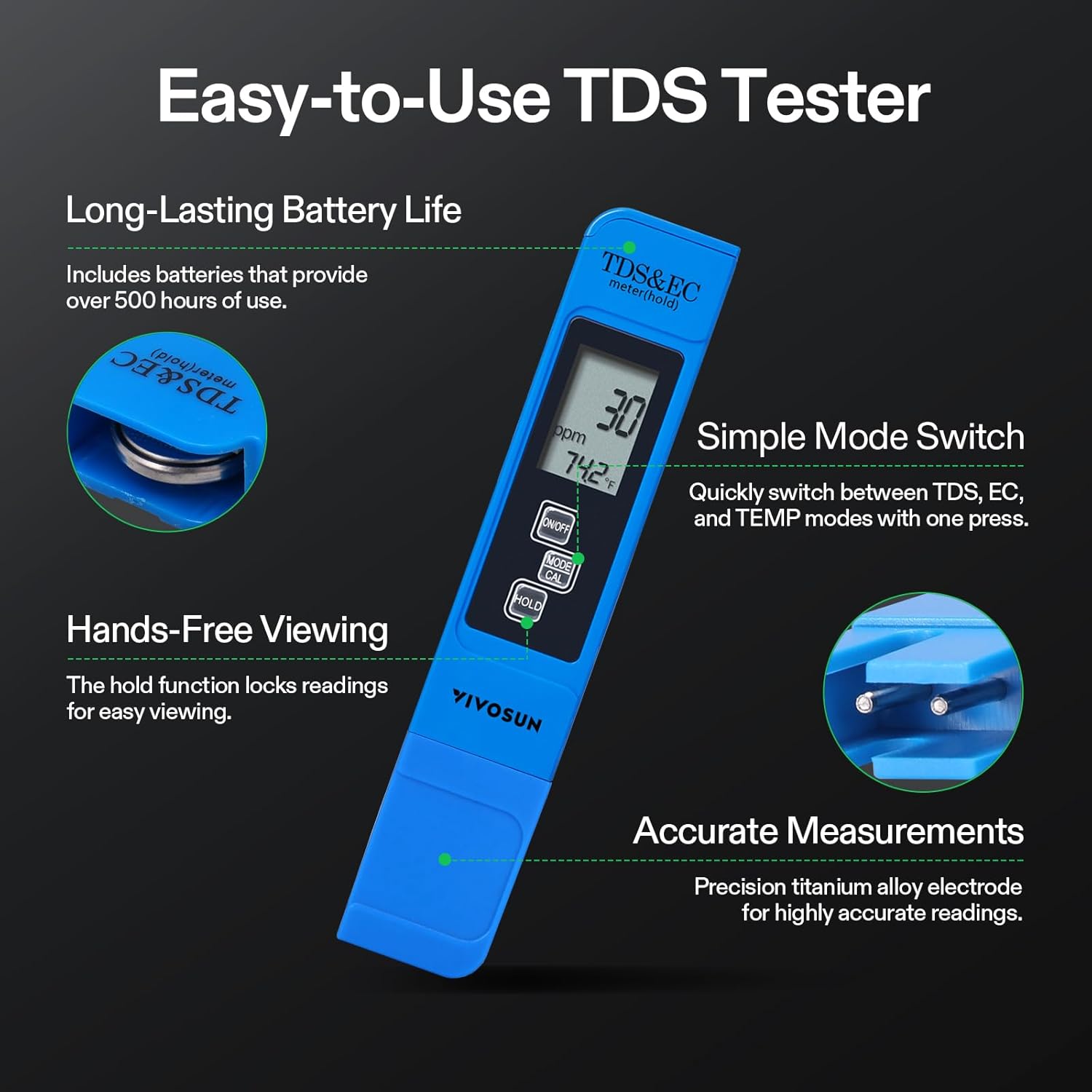 VIVOSUN Digital pH and TDS Meter Kits, 0.01pH High Accuracy Pen Type pH Meter ± 2% Readout Accuracy 3-in-1 TDS EC Temperature Meter for Hydroponics, Pool and Aquarium, Yellow Blue, UL Certified - Image 3