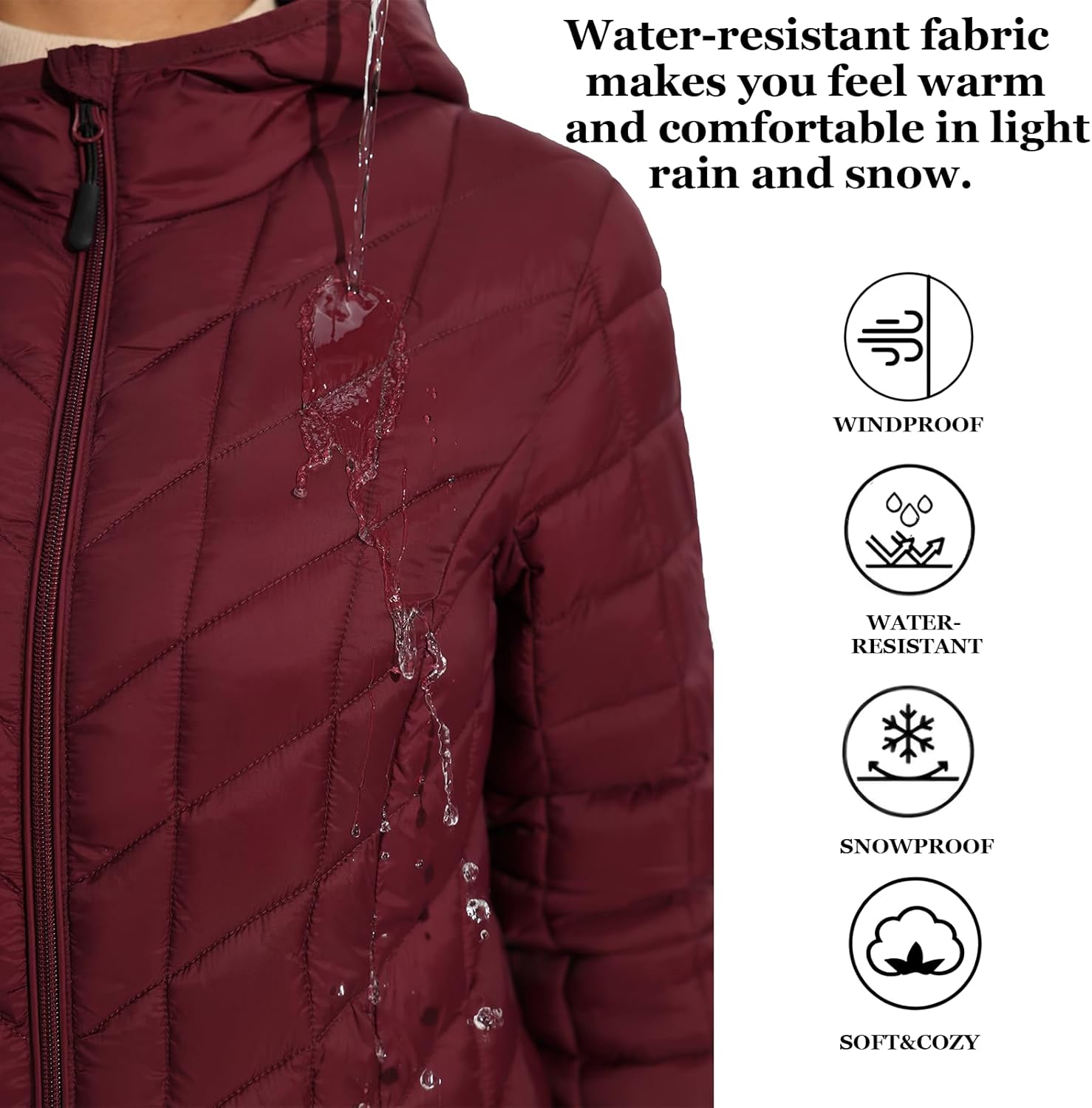 ZMC Women’s Packable Lightweight Puffer Jacket with Hood, Mid-Length Quilted Winter Coat with Zipper Pockets - Image 5