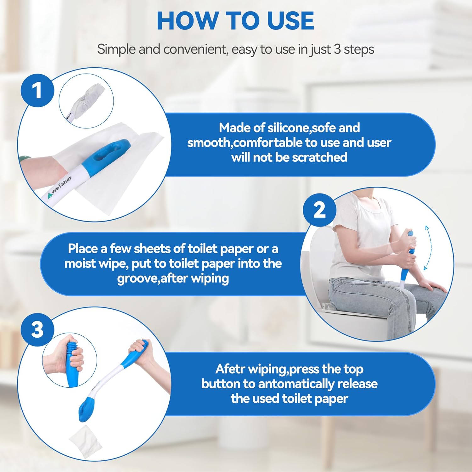 Wefaner Toilet Aids Set for Wiping - Long Handle Butt Wiper, Anti-Slip Curved Handle Bath Body Brush and Curve Hair Brush for People Overweight, Elderly and Disabled People(3PCS Personal Hygiene Kit) - Image 3