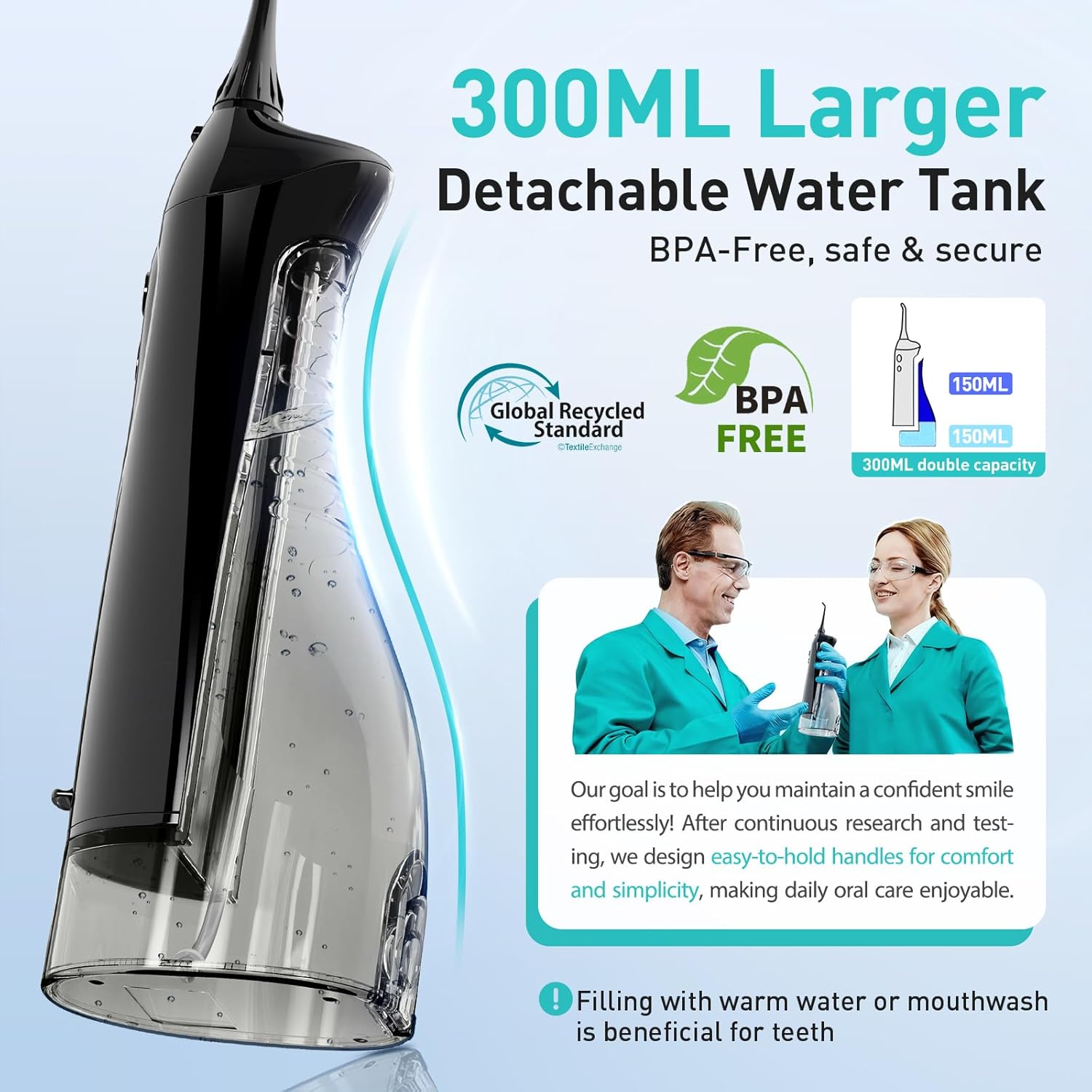 COSLUS Water Dental Flosser Teeth Pick C20: ADA Accepted, Portable Cordless Oral Irrigator 300ML Rechargeable Travel Irrigation Cleaner IPX7 Waterproof Electric Flossing Machine for Teeth, Black - Image 3