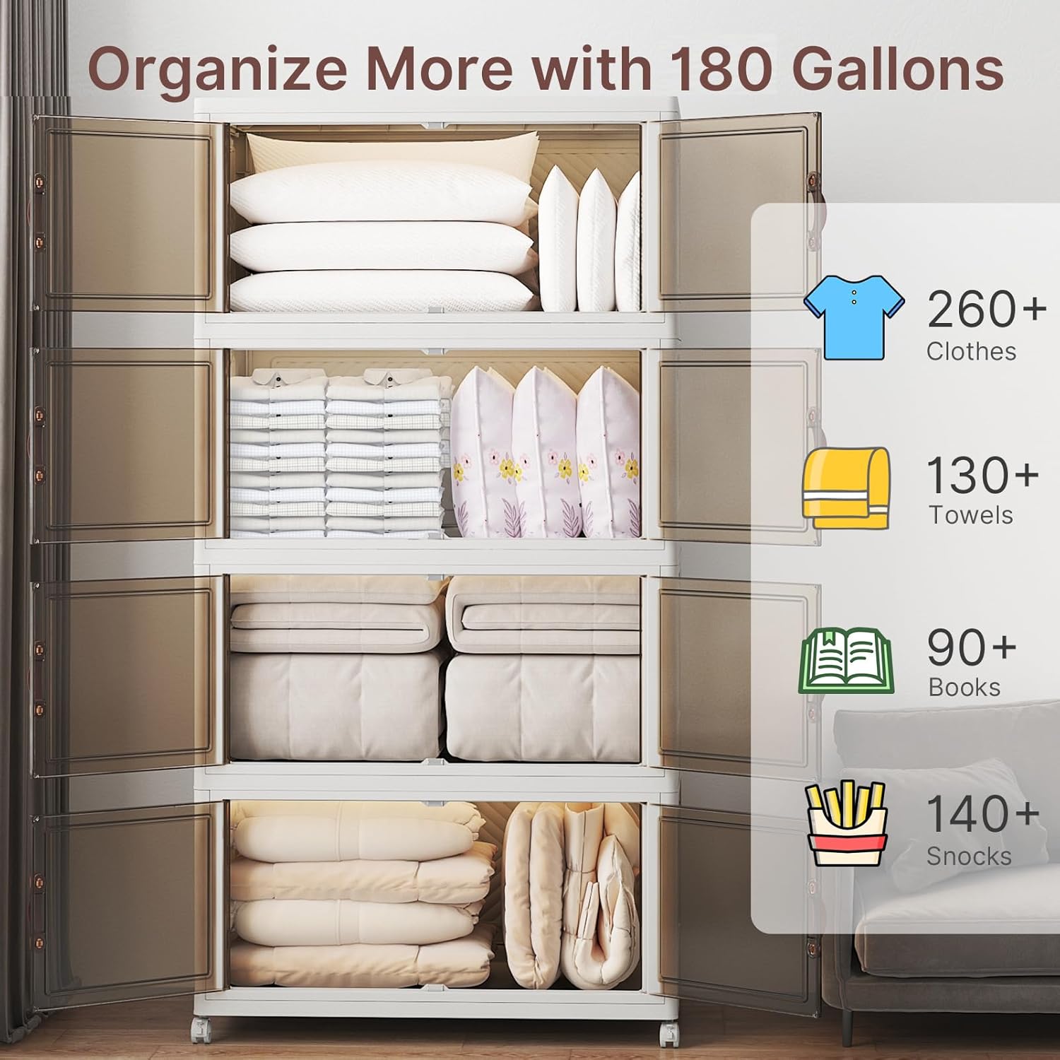 UAMFURI Stackable Storage Bins with Lids, 720QT Closet Organizers and Storage with Doors and Wheels, Extra Large Storage Cabinet, Collapsible Plastic Drawers for Bedroom Dorm Office Garage - Image 2