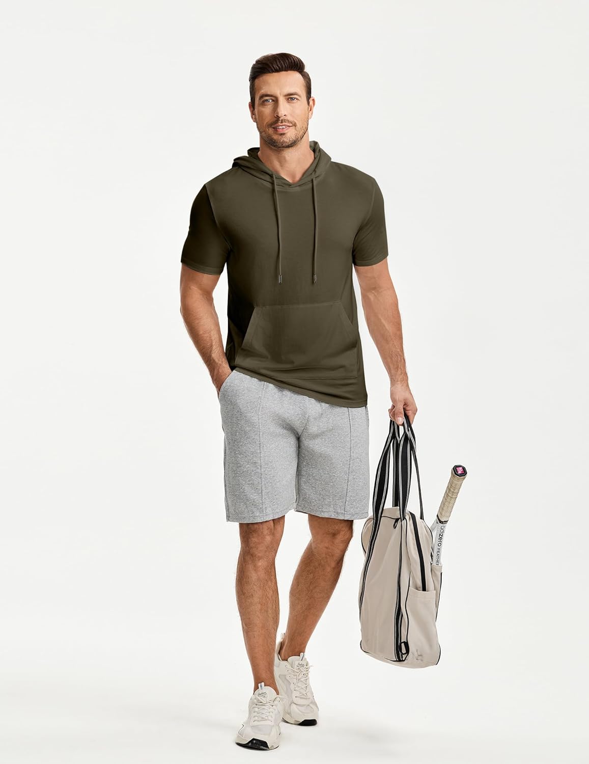 JMIERR Mens Short Sleeve Hoodie Cotton Hooded T-shirts Lightweight Solid Tops with Pocket - Image 8