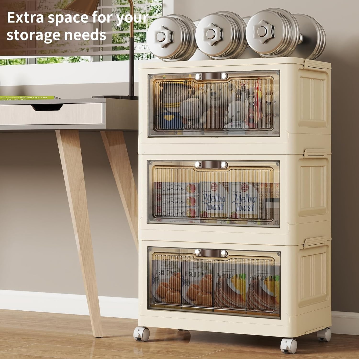 3 Tier - 48QT Storage Bins with Lids, Collapsible Storage Bins with Doors and Wheels, Plastic Storage Cabinet for Easy Storage and Organization for Living Room, Office - Image 4