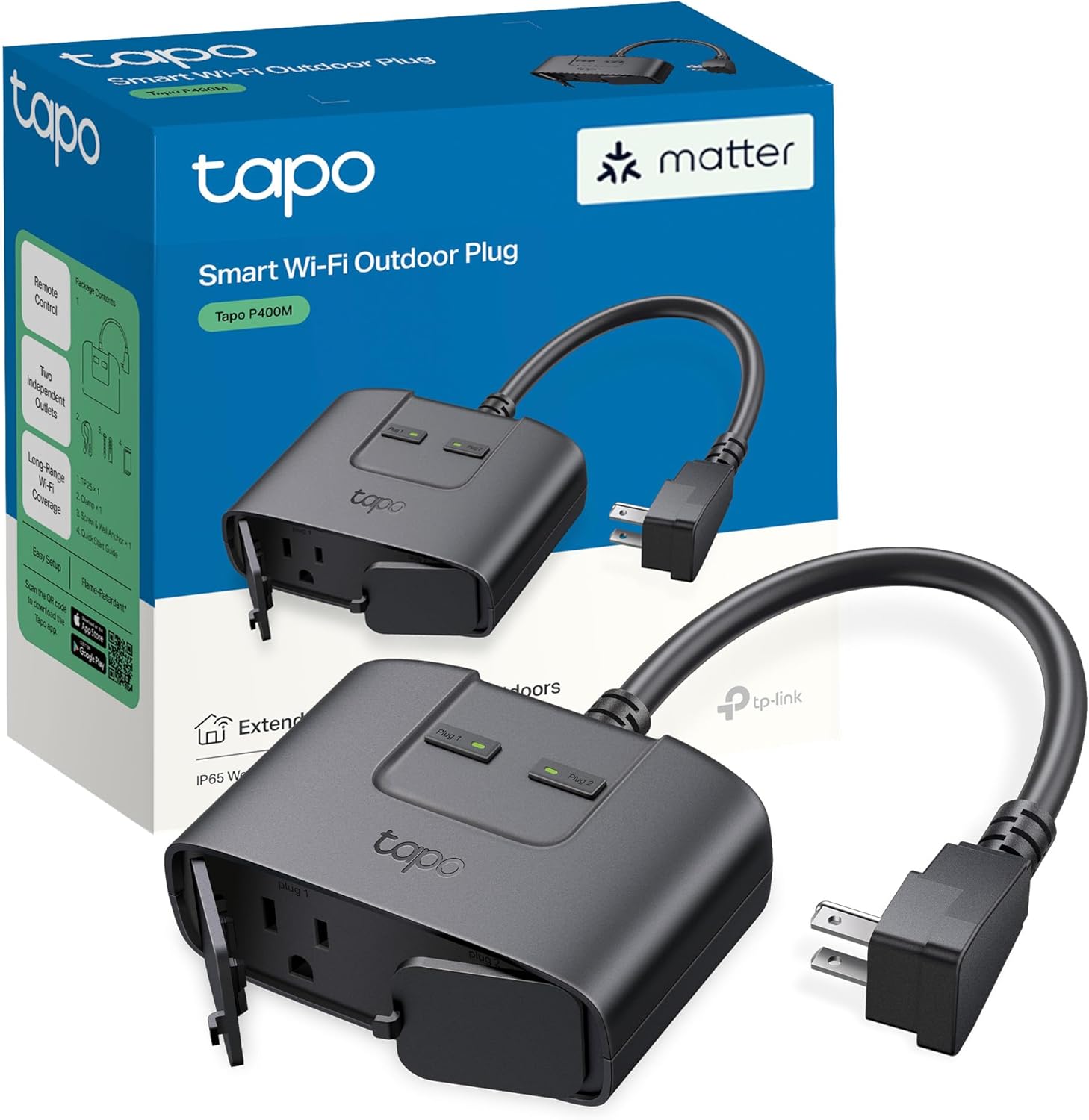 TP-Link Tapo Matter Outdoor Smart Plug, 2 Individual Outlets, IP65 Weather Resistance, Works with Apple Home, Alexa, Google Home, Long Wi-Fi Range, 2.4G Wi-Fi Only, ETL Certified (Tapo P400M) TP-Link Tapo Matter Outdoor Smart Plug, 2 Individual Outlets, IP65 Weather Resistance, Works with Apple Home, Alexa, Google Home, Long Wi-Fi Range, 2.4G Wi-Fi Only, ETL Certified (Tapo P400M)