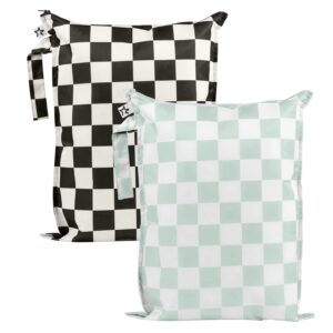 Tiny Twinkle Mess Proof Wet Bags | 2-Pack Reusable Waterproof Wet Bags for Swimsuits | Baby Clothes | Travel & Diaper Bag (Black, Green Checkers)