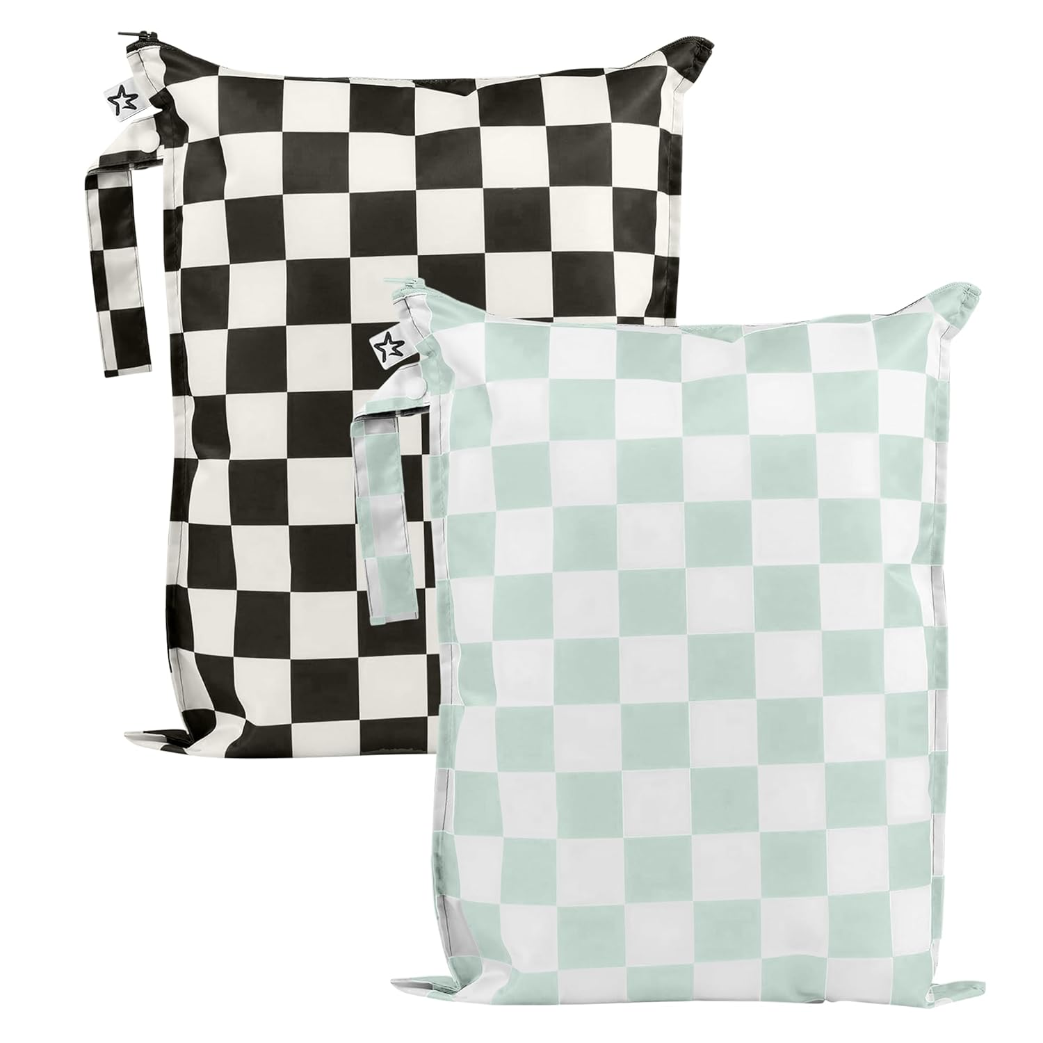 Tiny Twinkle Mess Proof Wet Bags | 2-Pack Reusable Waterproof Wet Bags for Swimsuits | Baby Clothes | Travel & Diaper Bag (Black, Green Checkers) Tiny Twinkle Mess Proof Wet Bags | 2-Pack Reusable Waterproof Wet Bags for Swimsuits | Baby Clothes | Travel & Diaper Bag (Black, Green Checkers)