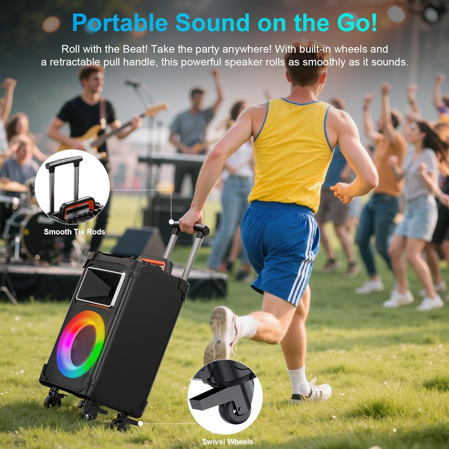 JYX Karaoke Machine with 2 Wireless Mics, 10" Woofer 500W Peak Power Big Portable Bluetooth Speaker with Bass/Treble Adjustment, PA System with Remote Control, LED Lights, Rolling Wheels and Trolley - Image 8