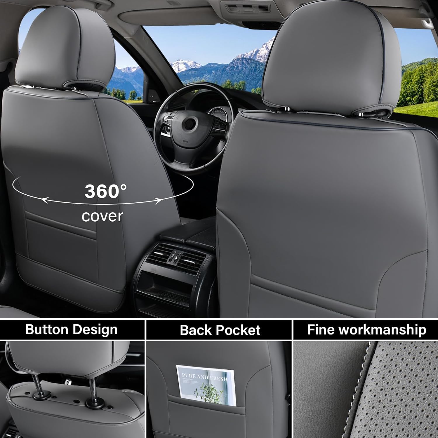 Coverado Universal Seat Covers Full Set, 5 Seats Universal Seat Covers for Cars, Waterproof Nappa Leather Car Seat Covers with Head Pillow, Auto Protectors Fit for Most Sedans SUV Pick-up Truck-Gray - Image 4
