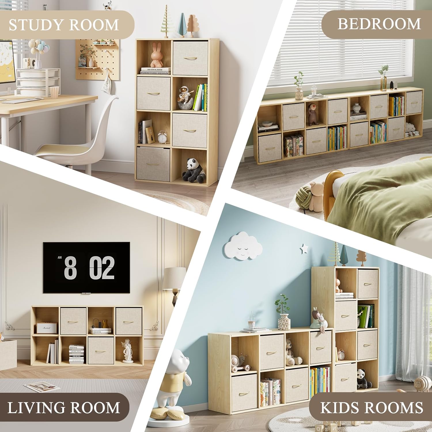 8 Cube Storage Organizer - Solid Wood Bookshelf with 4 Storage Bins, Cube Shelf with 2 Removable Back Panels, Vertical or Horizontal Bookcase, Open Book Shelf for Bedroom, Living Room, Office - Image 7