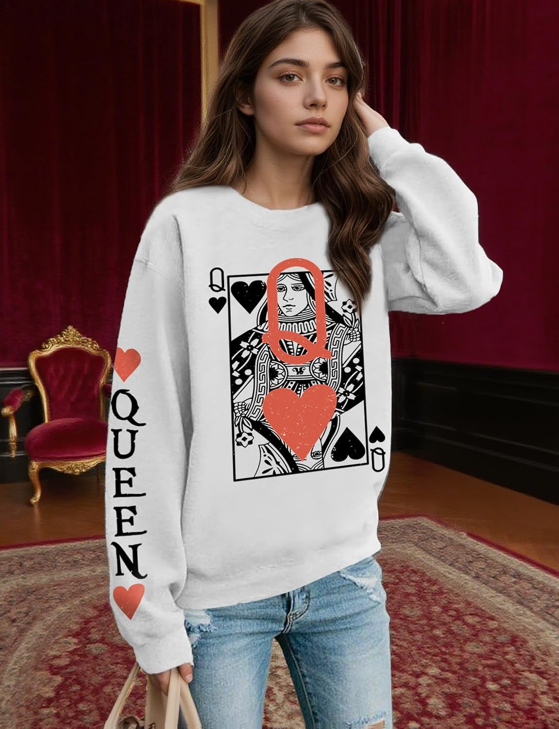 Queen Of Hearts Sweatshirt for Women Funny Vintage Womens Shirts Cute Long Sleeve Graphic Pullover Tops - Image 2
