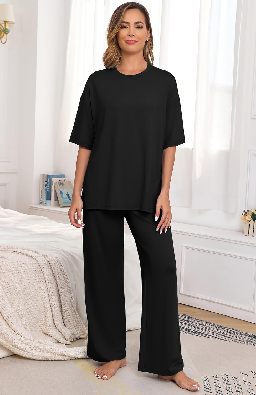 PrinStory Womens Pajamas Sets 2 Piece Lounge Set Short Sleeve Tops and Long Pants Soft Pjs Loungewear with Pockets - Image 2