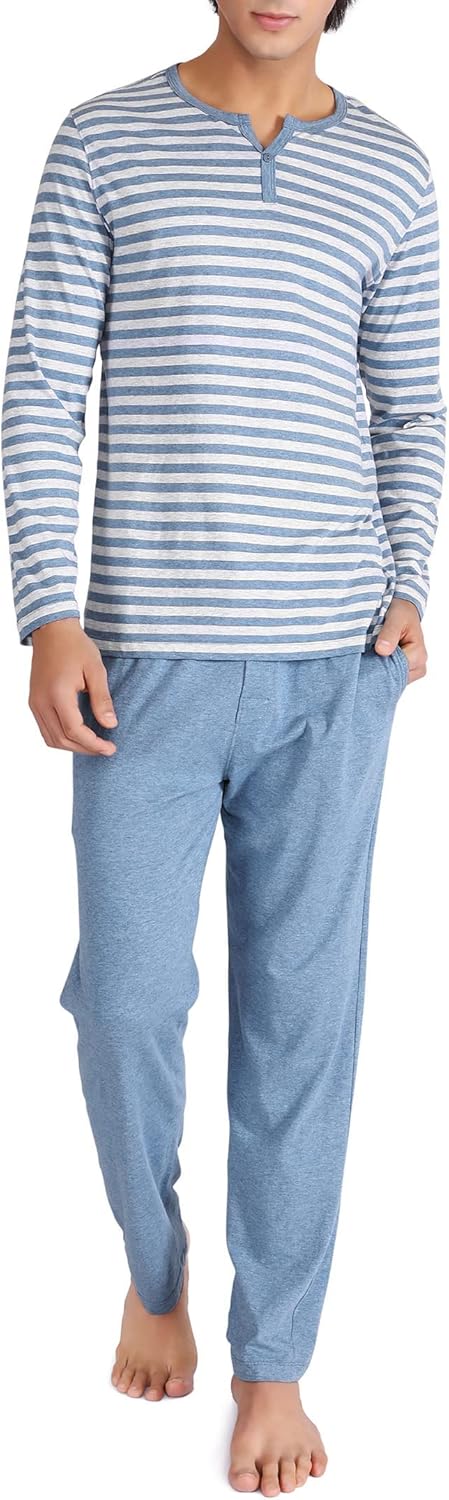 DAVID ARCHY Men's Pajamas Set 100% Combed Cotton Henley Loungewear Relaxed Fit Sleepwear with Pockets