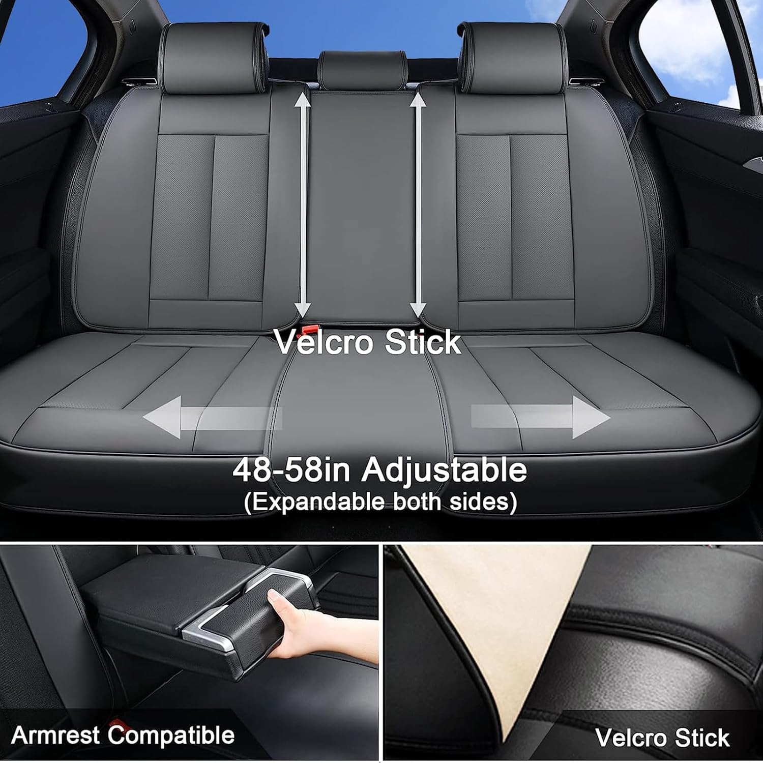 Coverado Universal Seat Covers Full Set, 5 Seats Universal Seat Covers for Cars, Waterproof Nappa Leather Car Seat Covers with Head Pillow, Auto Protectors Fit for Most Sedans SUV Pick-up Truck-Gray - Image 2