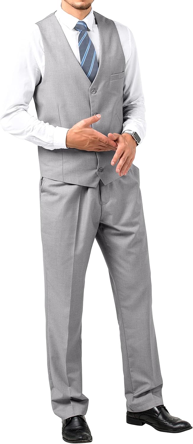 JPF Men's 2 Piece Slim Fit Suit Set, Solid Vest and Pants Suit for Men with Tie - Image 4
