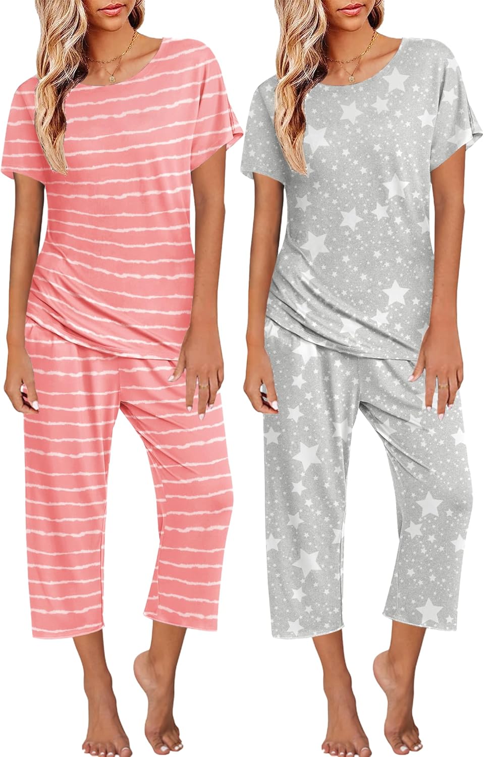 Ekouaer 2 Pack Womens Pajamas Sets Short Sleeve Tops and Capri Pants Pjs Colorful Printed Sleepwear Sets
