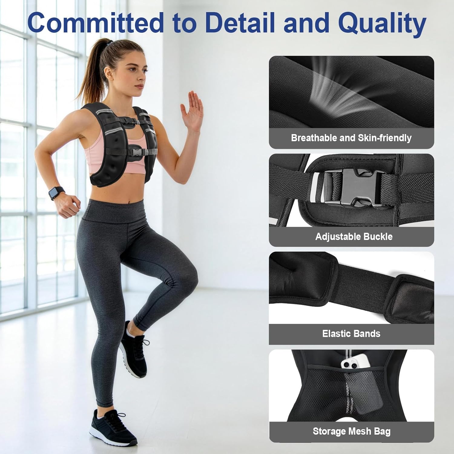 Zikopomi Weighted Vest Woman Man, 6lb/8lb/12lb/16lb/20lb/25lb/30lb Weight Vest with Reflective Stripes for Workout, Strength Training, Running, Fitness, Muscle Building, Weight Loss, Rucking Vest - Image 4