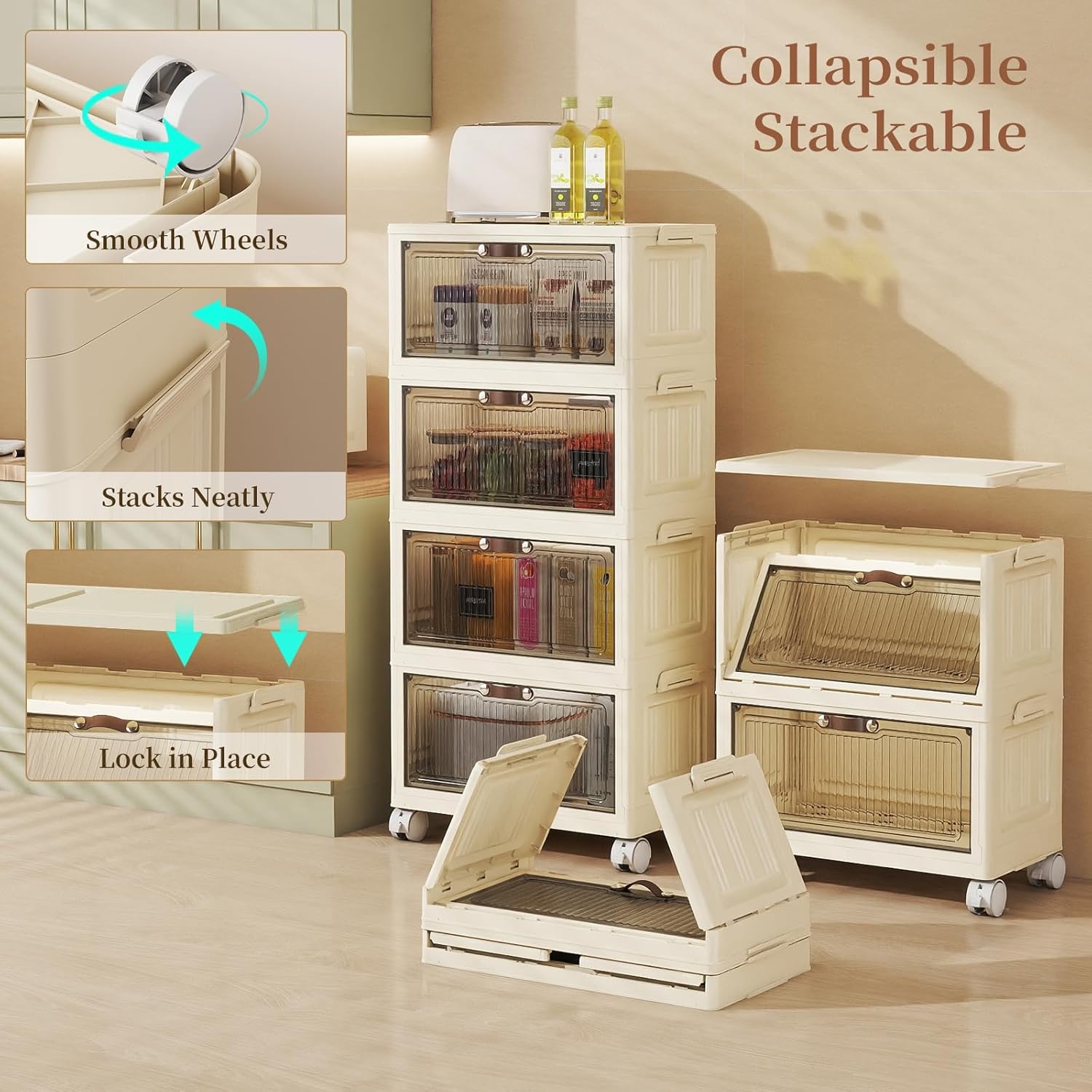 3 Tier - 48QT Storage Bins with Lids, Collapsible Storage Bins with Doors and Wheels, Plastic Storage Cabinet for Easy Storage and Organization for Living Room, Office - Image 6