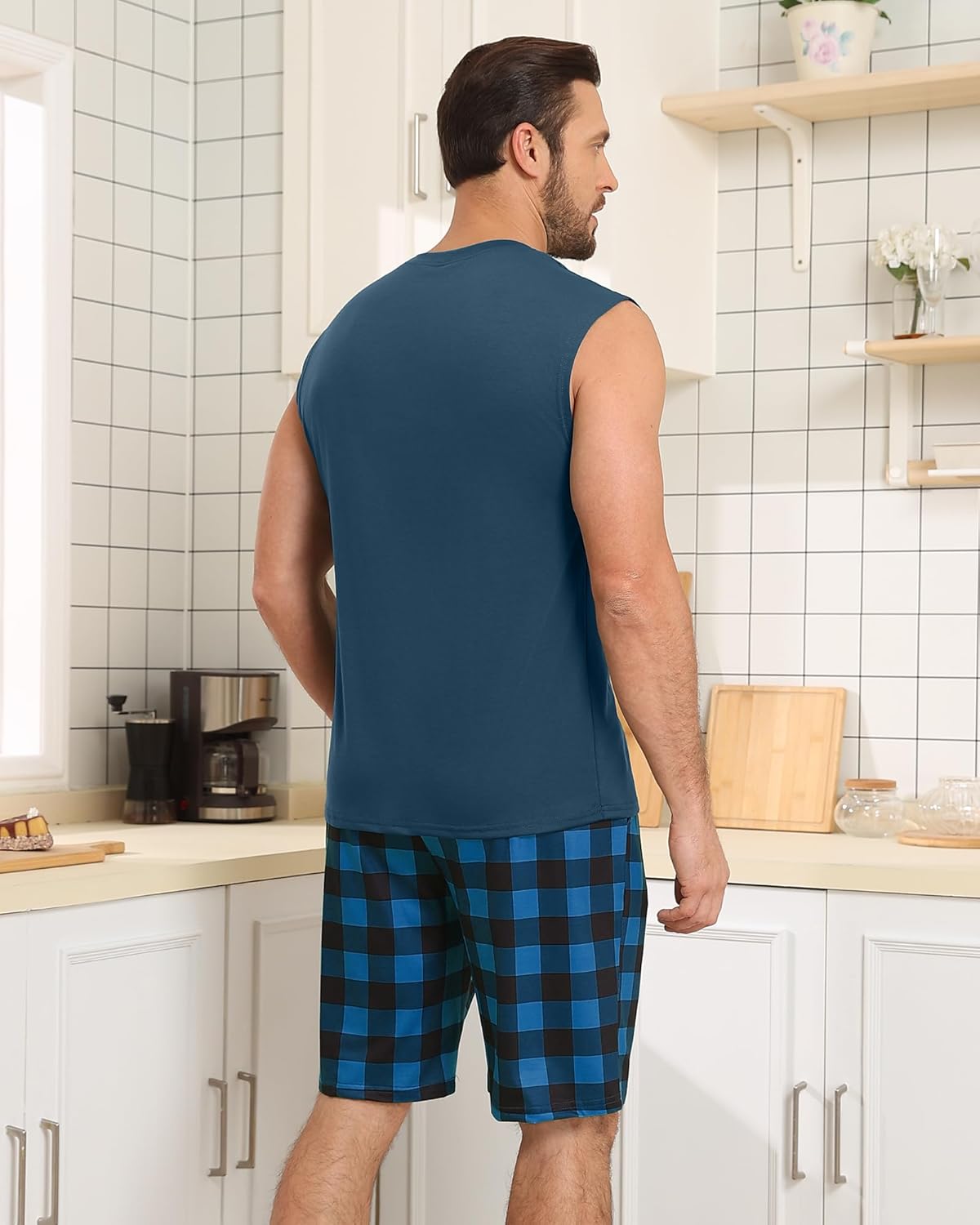 KUYIGO Mens Pajamas Set Tank Top and Plaid Shorts Casual 2 Piece Sleeveless Loungewear Pjs Sleepwear with Pockets - Image 5