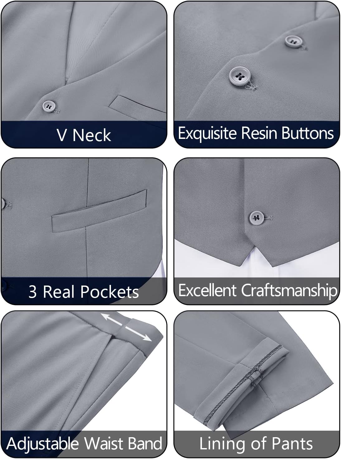 JPF Men's 2 Piece Slim Fit Suit Set, Solid Vest and Pants Suit for Men with Tie - Image 5