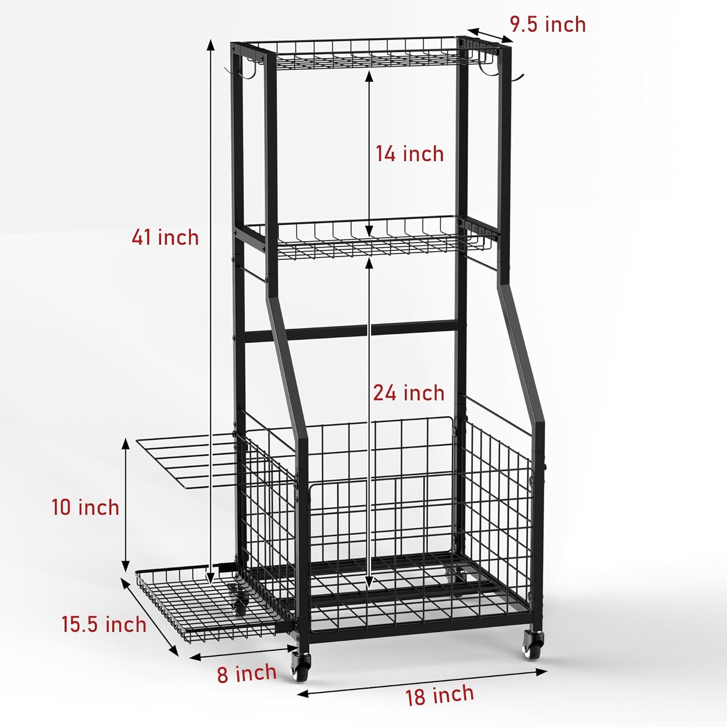 Sports Equipment Garage Organizer,Garage Ball Storage Rack for Sports with Wheels-Upgraded 3 Layers Sports Organizer Rack Outdoor Basketball Racks for Balls with Holder and Hooks - Image 8