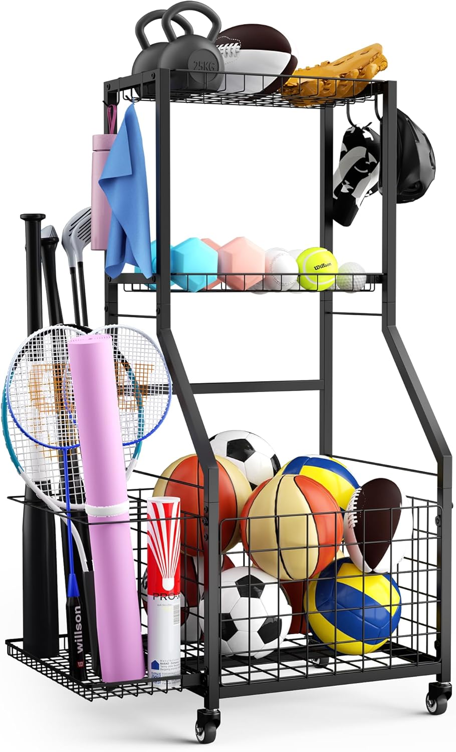 Sports Equipment Garage Organizer,Garage Ball Storage Rack for Sports with Wheels-Upgraded 3 Layers Sports Organizer Rack Outdoor Basketball Racks for Balls with Holder and Hooks Sports Equipment Garage Organizer,Garage Ball Storage Rack for Sports with Wheels-Upgraded 3 Layers Sports Organizer Rack Outdoor Basketball Racks for Balls with Holder and Hooks