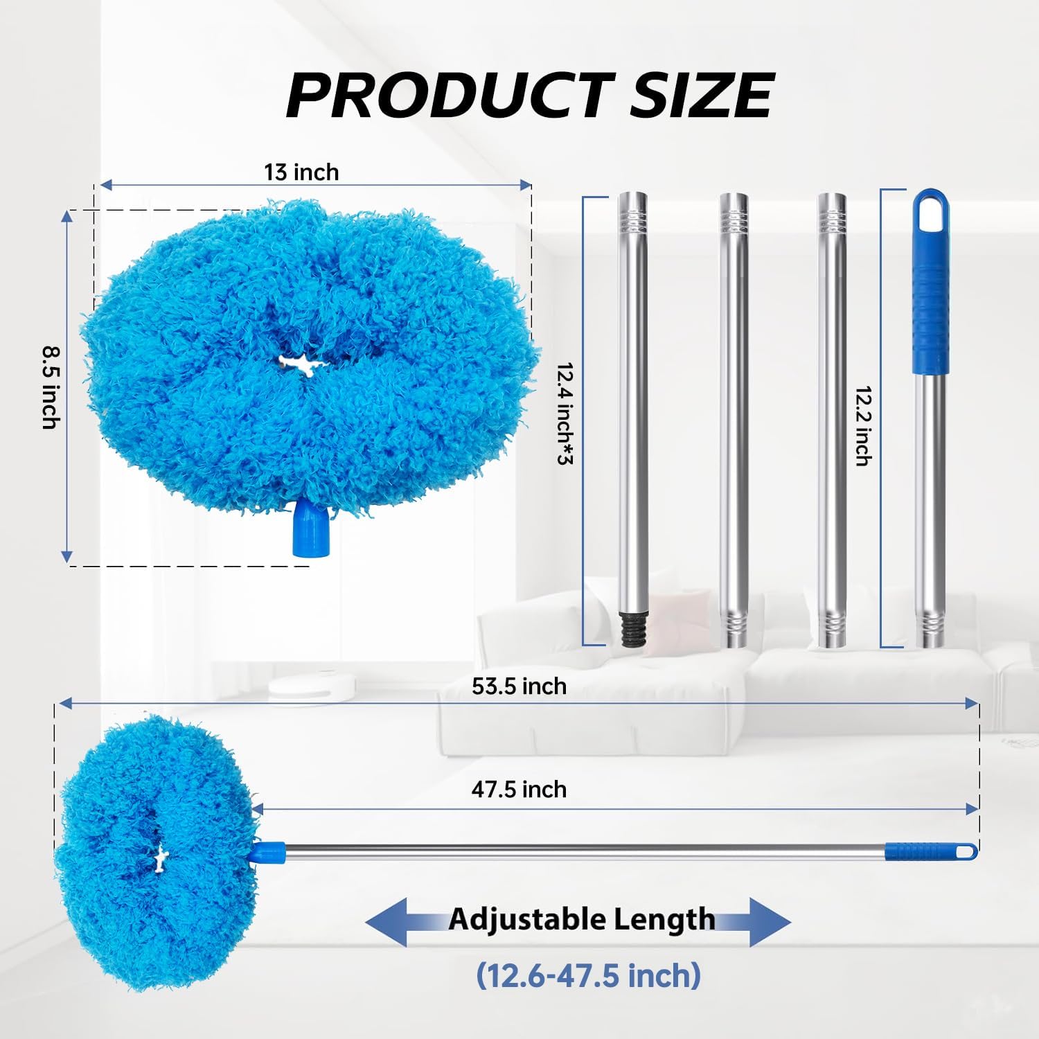 DRQ Ceiling Fan Cleaner Duster, Reusable Microfiber Duster with Extension Pole, 13 to 48 Inch Fan Blade Cleaner, Removable Dusters for Cleaning Walls Bookshelves Door Window Top (Blue) - Image 3
