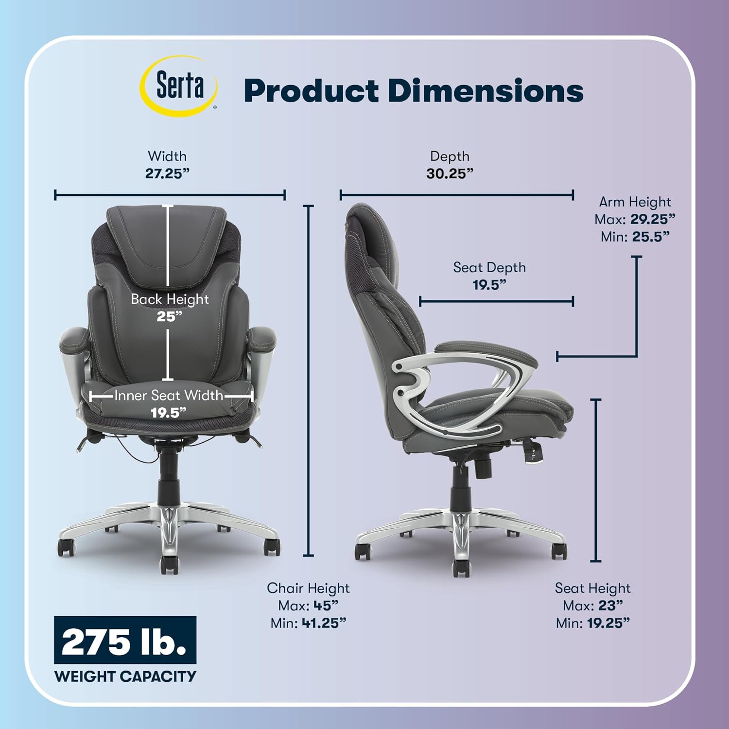 Serta Bryce Executive Office Chair - Ergonomic Computer Desk Chair with Patented AIR Lumbar Technology - Adjustable Height - Memory Foam Body Pillows - 360° Swivel Rolling Base - Bonded Leather - Gray - Image 3